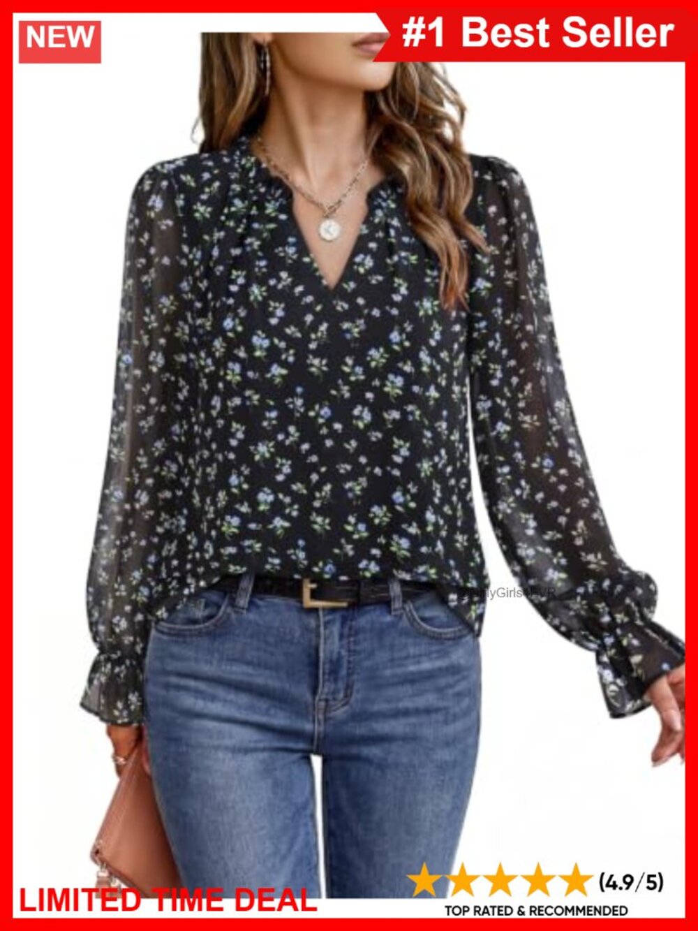 Womens Chiffon Blouse Long Sleeve V-Neck Work Top Pullover